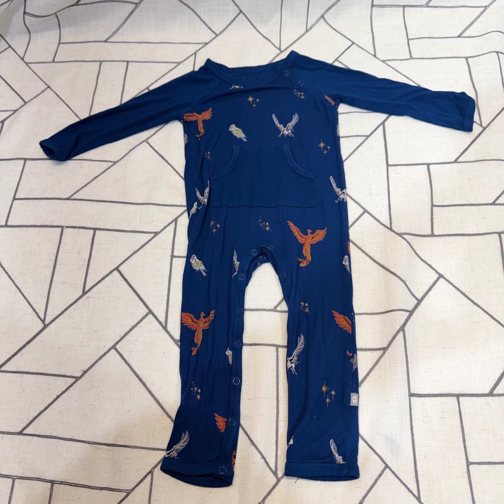 Kyte Baby Harry Potter Romper 12-18M Blue Bamboo Phoenix Owl Snaps